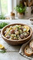 Creamy potato salad with meatballs, fresh dill, and lemon in wooden bowl on white table with bread and potted herbs nearby.