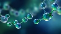 Glowing molecular structure with connected spherical atoms in blue and green colors against dark background, scientific concept for chemistry and biology.