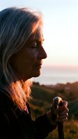 Senior Caucasian woman with gray hair in profile holding walking stick during golden hour sunset with warm backlighting and peaceful countryside landscape.