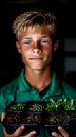 Young person in green polo shirt holding tray of microgreen seedlings, with natural lighting highlighting facial features and fresh sprouts for sustainable food concept.