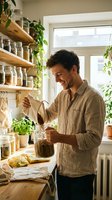 Man pouring grains into glass jar in bright kitchen with wooden shelves, potted plants, and stored pantry items. Sustainable living and zero waste lifestyle concept.