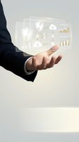 Businessman hand presenting holographic cybersecurity dashboard with shield icons and data analytics charts for digital protection solutions.