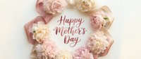 Happy Mother's Day greeting card with pink carnations and ribbon on white background for celebration and gift giving occasions.