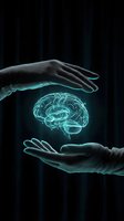 Protective hands surrounding glowing digital brain hologram representing mental health care, artificial intelligence and neurological protection concepts.
