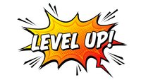 Comic book style burst with Level Up text in bold letters featuring explosive yellow orange red gradient and dynamic action lines.