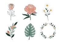 Isolated botanical line art and filled florals including rose, daisy, monstera leaf, and wreath designs on transparent background, ready for graphic design, t-shirt printing, and clipart applications.