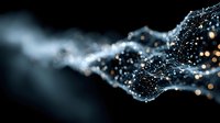 Abstract glowing particle wave with sparkling light points against dark background, creating futuristic digital network visualization for technology concepts.