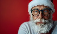 Senior man with white beard and glasses wearing Santa hat looking thoughtfully at camera against red background. Close up portrait showing genuine expression.