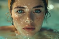 Young woman with freckles and striking blue eyes emerges from turquoise water, water droplets glistening on her face, creating atmospheric summer portrait.
