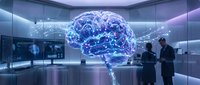 Futuristic holographic brain projection in modern laboratory with scientists analyzing neural networks and artificial intelligence technology.