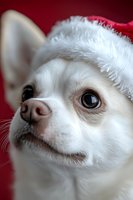 Close-up portrait of white Chihuahua dog wearing Santa hat against red background. Adorable pet with expressive eyes and festive holiday spirit.