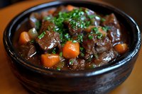 Hearty beef stew with tender meat chunks, carrots and fresh herbs served in rustic ceramic bowl. Rich brown gravy garnished with chopped parsley creates comfort food appeal.
