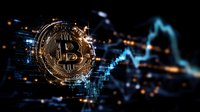 Golden cryptocurrency coin with digital network effects and price chart in dark blue background, modern financial technology concept for digital banking.