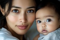 Close up portrait of Asian mother and baby with bright blue eyes looking at camera, tender moment of maternal bonding and family connection.