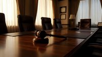 Professional boardroom with wooden gavel on polished conference table, leather chairs and elegant curtains for corporate legal meetings and business decisions.