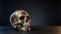 Decorative sugar skull with colorful floral patterns and ornate designs on dark background for Day of the Dead celebrations and cultural artwork.