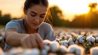 Young Hispanic woman farmer harvesting cotton at sunset, examining crop quality in golden hour light. Agricultural worker in cotton field during harvest season.