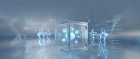 Futuristic digital cube with glowing orbs surrounded by holographic human figures in sci-fi environment for technology and innovation concepts.