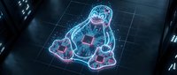 Futuristic holographic gorilla projection with glowing blue neon outlines on dark grid floor in cyberpunk digital environment for sci-fi technology concepts.