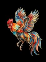 Vibrant rooster with multicolored plumage isolated on transparent background, ready for t-shirts, stickers, clipart, sublimation and print-on-demand designs.