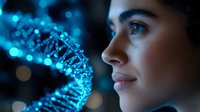 Young Caucasian woman looking at glowing blue DNA helix structure against dark background with bokeh lights, representing genetic research and biotechnology advancement.