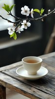 White tea cup on rustic wooden table with blooming cherry branch overhead creating peaceful spring morning atmosphere for relaxation and mindfulness concepts.