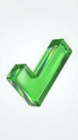 Green crystal checkmark symbol with prismatic light effects on white background for approval and success concepts.