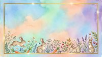 Young rabbit and bunny among wildflowers and botanical elements in watercolor style with pastel gradient sky, suitable for children's designs and spring-themed projects.