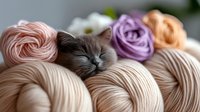Adorable kitten sleeping peacefully among colorful yarn balls and skeins, perfect for crafting and knitting projects with cozy domestic pet charm.