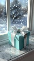 Turquoise gift box with silver ribbon on windowsill during snowfall, creating cozy winter holiday atmosphere for celebration designs.