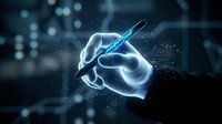 Futuristic holographic hand holding glowing digital pen with blue light effects and particles for technology design concepts.