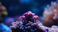 Tiny red porcelain crab perched on coral polyps in vibrant underwater macro shot, displaying intricate details against dark blue marine background.