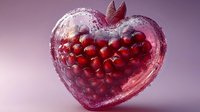 Frozen heart-shaped container filled with fresh red cranberries covered in frost and ice crystals against purple background, winter food concept.