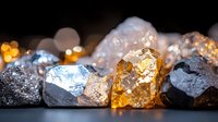 Raw crystals and mineral stones with golden citrine and clear quartz on dark background with bokeh lights, spiritual healing stones collection for meditation and wellness.