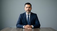 Mature male professional with dark hair and beard wearing navy business suit and tie, seated at desk with hands folded, neutral gray background, corporate portrait for business use.