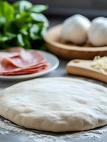 Fresh pizza dough with ingredients in background including ham, mozzarella, eggs and basil leaves on dark surface, selective focus on raw dough with flour dusting.
