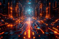 Futuristic digital cityscape with glowing orange and blue circuit patterns creating an immersive technological environment.