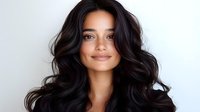 Young woman with glowing skin and voluminous dark wavy hair smiling confidently against white background, showcasing natural beauty and healthy locks for beauty and haircare advertising.