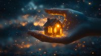 Magical glowing house floating in cupped hands against dark starry sky, surrounded by ethereal mist and golden sparkles, creating mystical atmosphere.