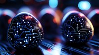 Glowing circuit pattern spheres on reflective surface with blue bokeh lights in background, futuristic technology concept for digital transformation designs.