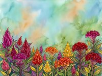 Watercolor garden scene with vibrant celosia flowers in red, orange, yellow and pink tones against a soft teal sky background.
