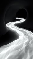 Luminous flowing fabric ribbon winds through dark tunnel opening, creating ethereal light trail effect in monochrome composition for surreal design projects.