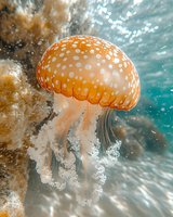 Orange spotted jellyfish swimming in turquoise ocean waters with sunlight streaming through, creating dramatic underwater atmosphere and natural bokeh effect.