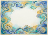 Watercolor cloud frame with swirling blue and gold ornamental border on white background for greeting cards and decorative design projects.