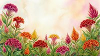 Watercolor celosia garden border with vibrant red, pink, orange and yellow blooms on soft textured background, perfect for cards and prints.