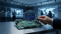 Young male professional examining circuit board with magnifying glass in modern tech laboratory with world map displays and data analytics screens in background, representing cybersecurity and hardware inspection.