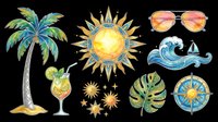 Colorful summer beach clipart set with palm tree, sun, sunglasses, wave, compass, tropical leaf, and cocktail, isolated on transparent background for stickers, t-shirt design, print on demand.