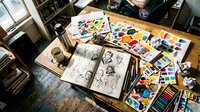 Artist workspace with open sketchbook featuring character drawings, surrounded by colorful watercolor palettes, colored pencils, and art supplies on wooden desk for creative projects.