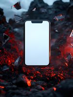Smartphone mockup floating among shattered glass fragments against dramatic volcanic background with glowing red lava and dark smoke atmosphere.