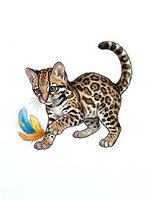 Spotted ocelot kitten playing with colorful feather toy, isolated on white background for design, clipart, and merchandise applications.
